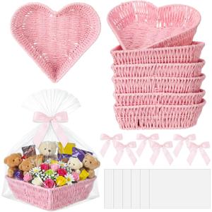6 Pcs Heart Woven Gift Baskets with Bags Ribbons, 10.6 x 10 x 2.75 in Rope Heart Baskets for Gifts, Bread, Fruit, Serving Trays for Parties, Weddings, Mother's Day(Pink)