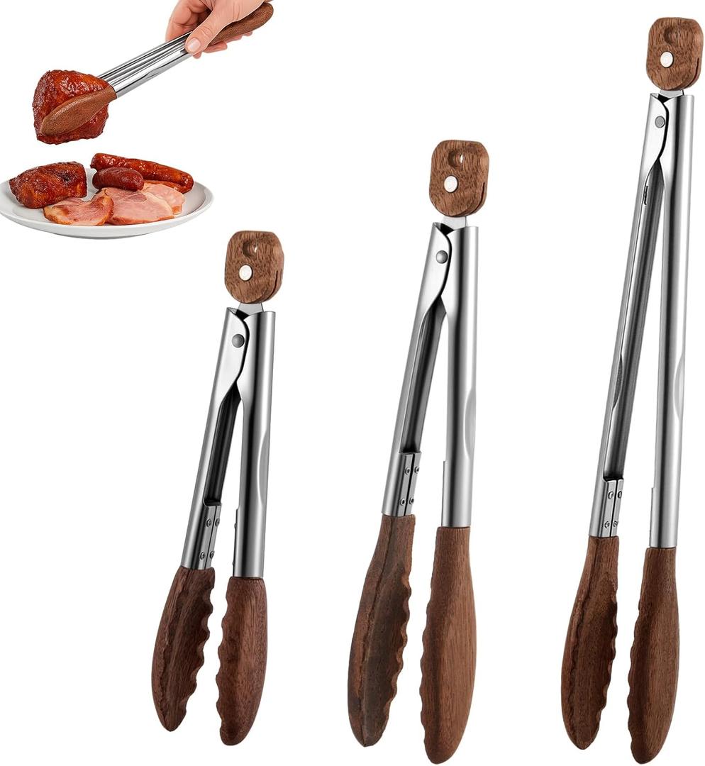 Honeydak 3 Pcs Wooden Tongs for Cooking 7" 9" 12" Wood Tip Serving Tongs with Locking for BBQ Salad Cooking and Grilling, Includes Anti-slip Handle with Hanging Hole