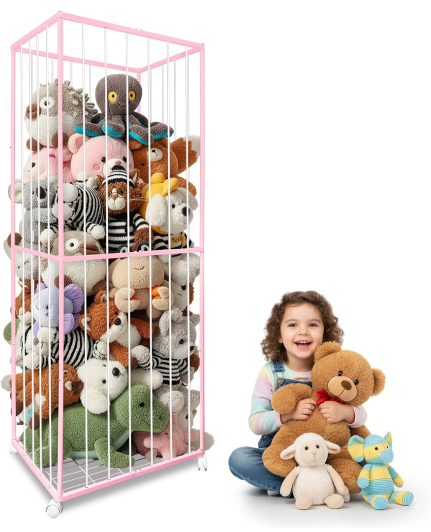 Stuffed Animal Storage, Metal Tube Extra Large Toy Storage Organizer with Brake Wheels, Stuffed Animal Holder Zoo Organizer for Nursery Playroom Kids Room Pink(61” x 23.6”x 16.5”)