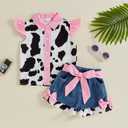 Toddler Girl Denim Western Outfit Baby Cowgirl Clothes Ruffle Cow Print Shirt Button Down Tops Belted Jeans Shorts (White, S)