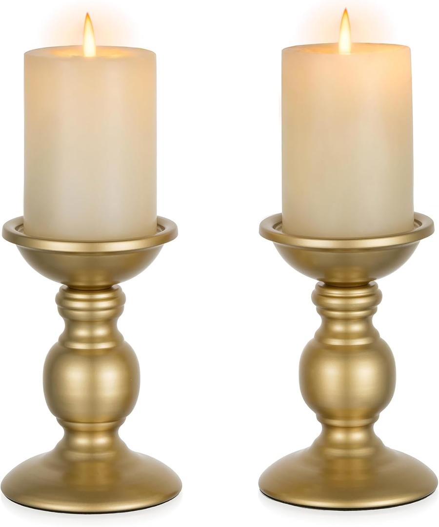 2 Pcs Gold Pillar Candle Holders, Gold Candlestick Most Ideal for 3" Pillar Candles, Gifts for Wedding, Party, Home, Spa, Reiki, Votive Candle (2 x S)