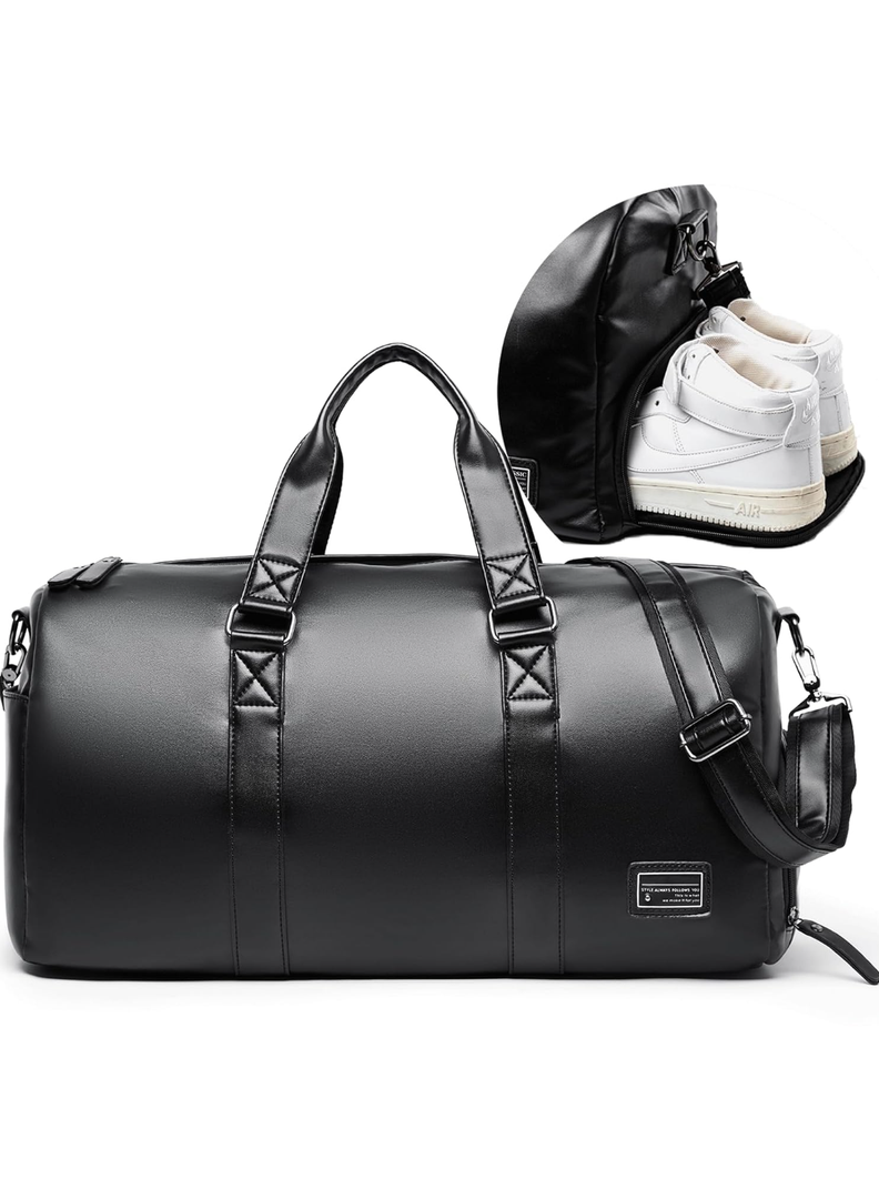 Leather Duffle Travel Gym Bag for Men with Shoe Compartment, 32L PU Leather Weekender Waterproof Overnight Bag Gym Sports Carry-On Black