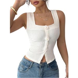 SOLY HUX Women's Tank Tops 3D Floral Square Neck Sleeveless Summer Going Out Crop Top (Beige, S)