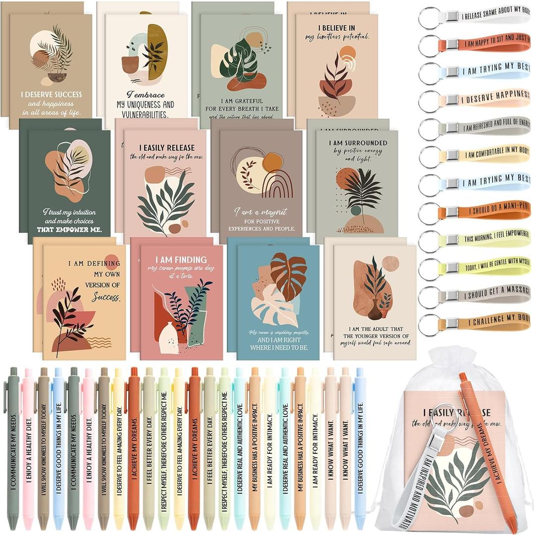 Mooliwe 12 Set Positive Affirmation Gift Set Gratitude Notebooks with Pens Keychains Small Bags Motivational Party Favors for Adult Women Coworkers Employee Group (Plant)