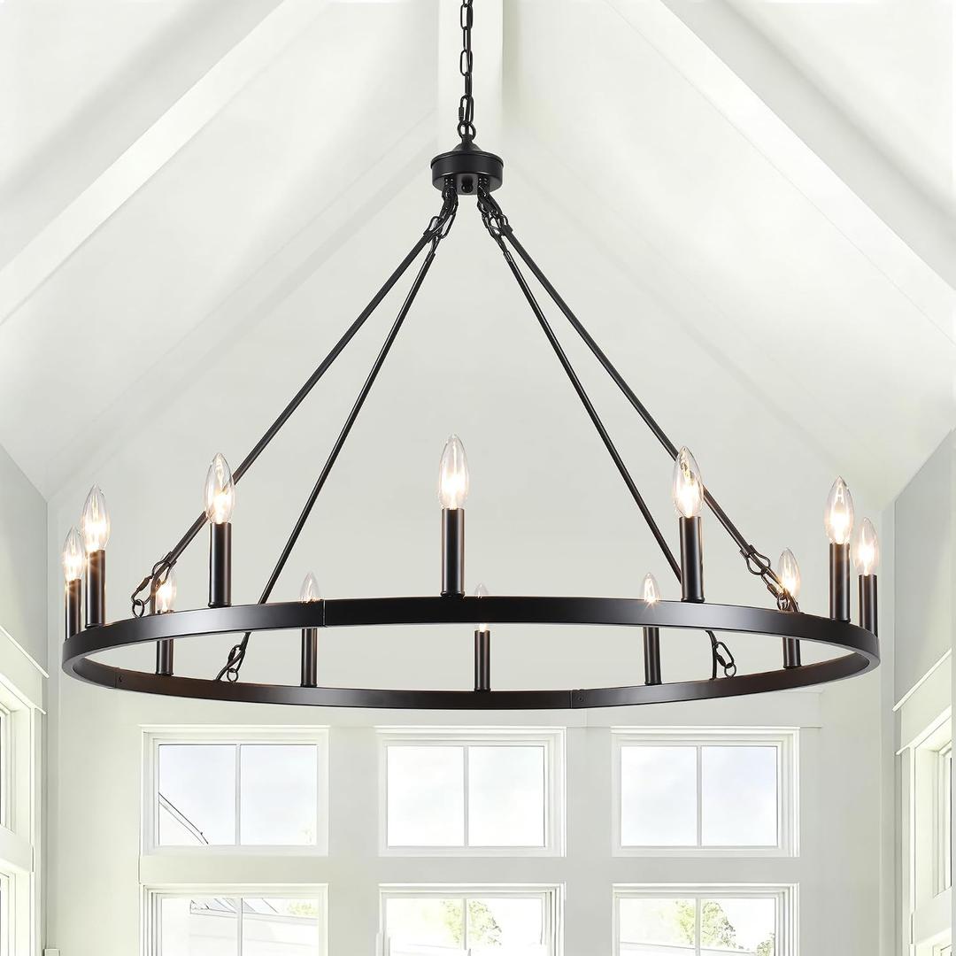 Wagon Wheel Chandelier 12 Light 38" Large Black Farmhouse Chandelier for Dining Room Rustic Country Pendant Light Fixtures Hanging Modern Round Chandeliers for Living Room High Ceilings Entryway Foyer