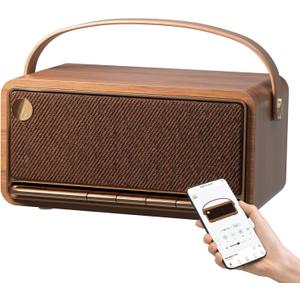 Edifier Retro Wood Bluetooth Speaker, Wireless Portable Speakers with 40W Hi-Res Audio, Stereo Pairing ConneX App, USB and TF Card Brown