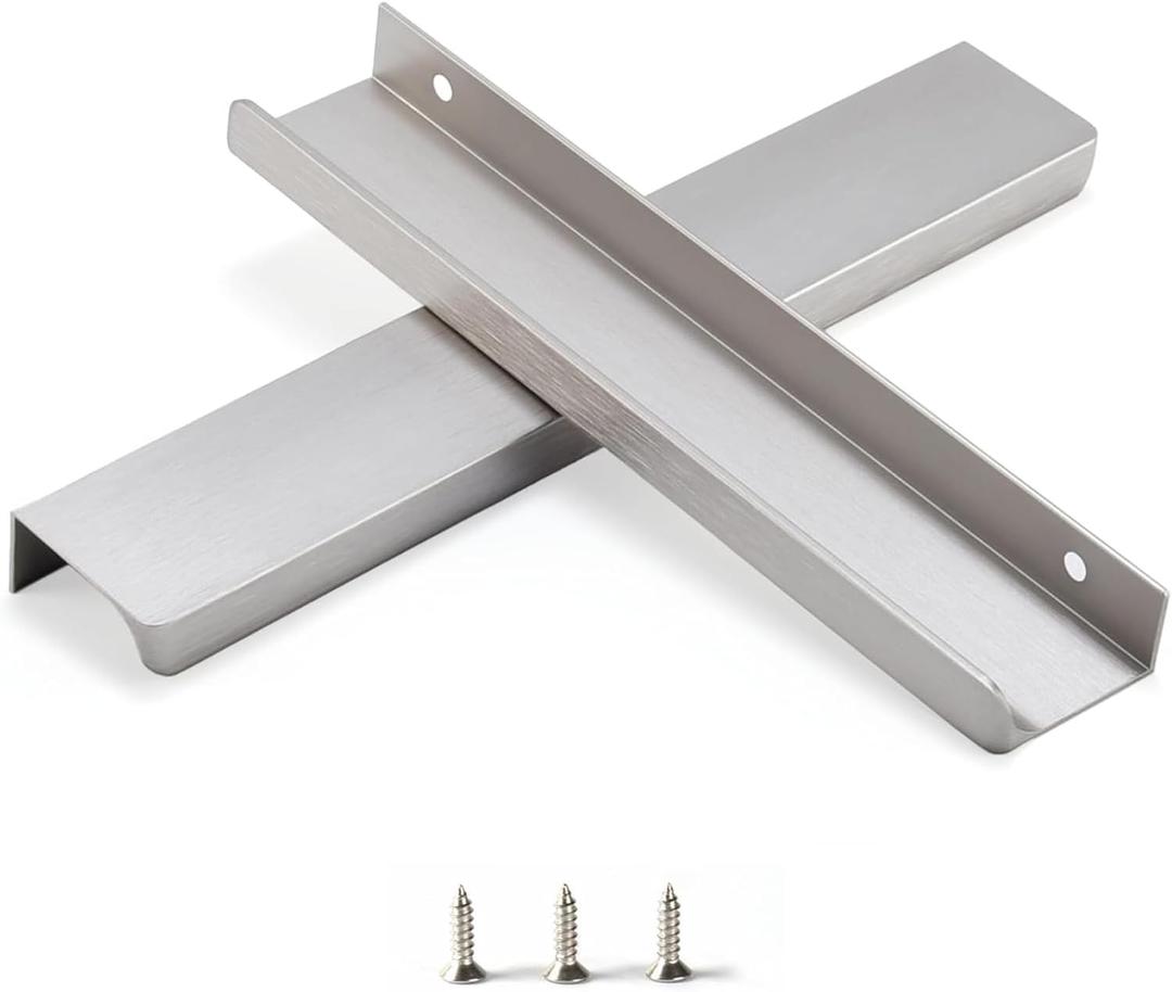 Satanga Edge Finger Tab Pull for cabinets Kitchen Concealed Drawer pulls Aluminum Flat Hidden Brushed Brass Mount Door Long Handle for Home Pack of 6 Modern 10" Hole Center Easy Installation