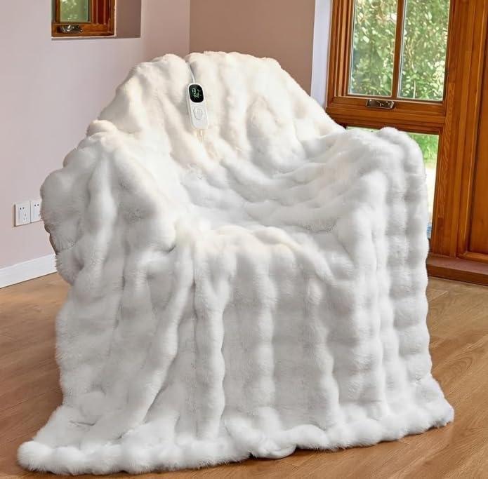 Anysay Heated Blanket Throw Size ith 1/2/4/6/8 Hours Auto-Off 10 Heat Level, Throw 50" x 60"  Cozy Faux Rabbit Fur Bubble Electric Blanket with Overheat Protection(White)