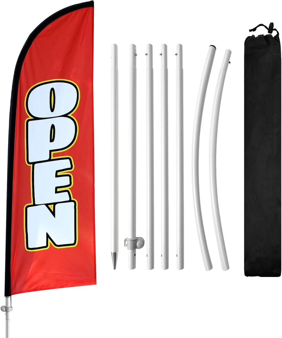 8FT Open Signs, Open Flag for Business, Open Feather Flag with Base, Open Flags with Pole Kit, Ground Stand for Outside Open Day Advertising (Red)