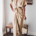 Women Elegant Satin Button Down Short Sleeve Maxi Shirt Dress with Belt (Beige)