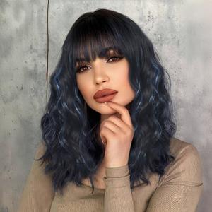 Short Curly Wigs with Bangs for Women 14 Inches Wavy Bob Wig Synthetic Heat Resistant Fiber Wigs (Black Mixed Blue)