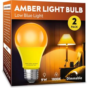 Amber Sleep Light Bulb 2 PackDimmable 1800K Warm Light Bulbs for Healthy Sleep,Blue Light Blocking,A19 9W(60W Equivalent) E26 Base Amber Light Bulbs for Bedroom, Baby Nursery Room
