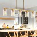 Mecgirn Island Light for Kitchen, Brushed Gold Dining Room Light Fixture Over Table, 5-Light Linear Chandelier Pendant Lighting for Dining Table Kitchen Island Living Room