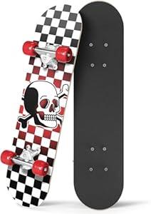 24 inch Rude Boyz Mini Cruiser Skateboard - Aluminium Trucks - Kids Skateboard Ages 5-8 Beginner - Skateboards for Kids (Checkered Skull)