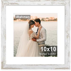 iRahmen 10x10 Picture Frame with HD Tempered Glass, Display Pictures 8x8 with Mat or 10 x 10 Without Mat, Wood Photo Frames for Tabletop and Wall Mount (Rustic White, 1 Pack)