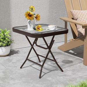 PATIOHIT Foldable Outdoor Side Table with Tempered Glass Top Square 18" Folding Patio Side Table Small Glass End Tables for Patio Porch Yard Balcony Deck Lawn Dining Garden (Brown)
