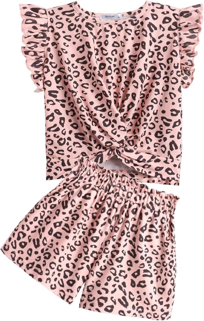 Arshiner Girls Shorts Sets 2 Pieces Outfits Twist Front Ruffle Sleeve T-Shirts and Shorts With Pockets Cute Clothes Sets (9-10 Years, Pink Leopard Print)
