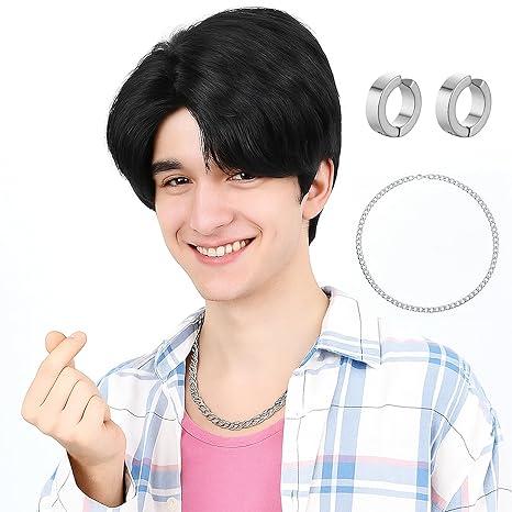 Short Black Cosplay Wig for Men with Side Bangs - Anime Cosplay Wigs for Mens Halloween Costume Party (Black)
