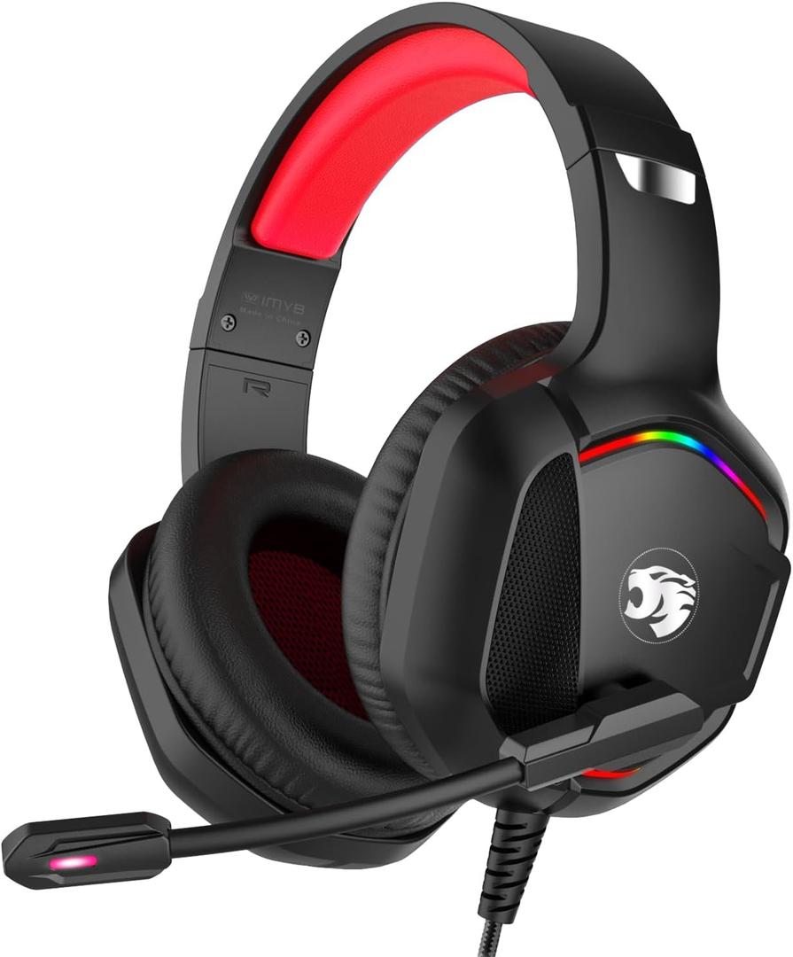 Gaming Headset with Microphone for Pc, Xbox One Series X/s, Ps4, Ps5, Switch, Stereo Wired Noise Cancelling Over-Ear Headphones with Mic, RGB, for Computer, Laptop, Mac, Nintendo (Red)