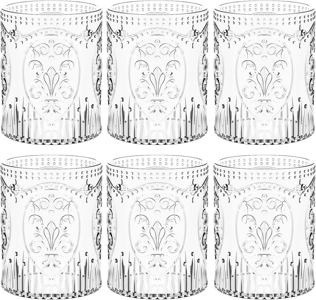 Qinyoung 6 Plastic Vintage Drinking Glasses 8.5oz Stemless Retro Embossed Wine Glasses Shatterproof Reusable Cups for Baby Shower Wedding Reception Grand Event Party (Clear)