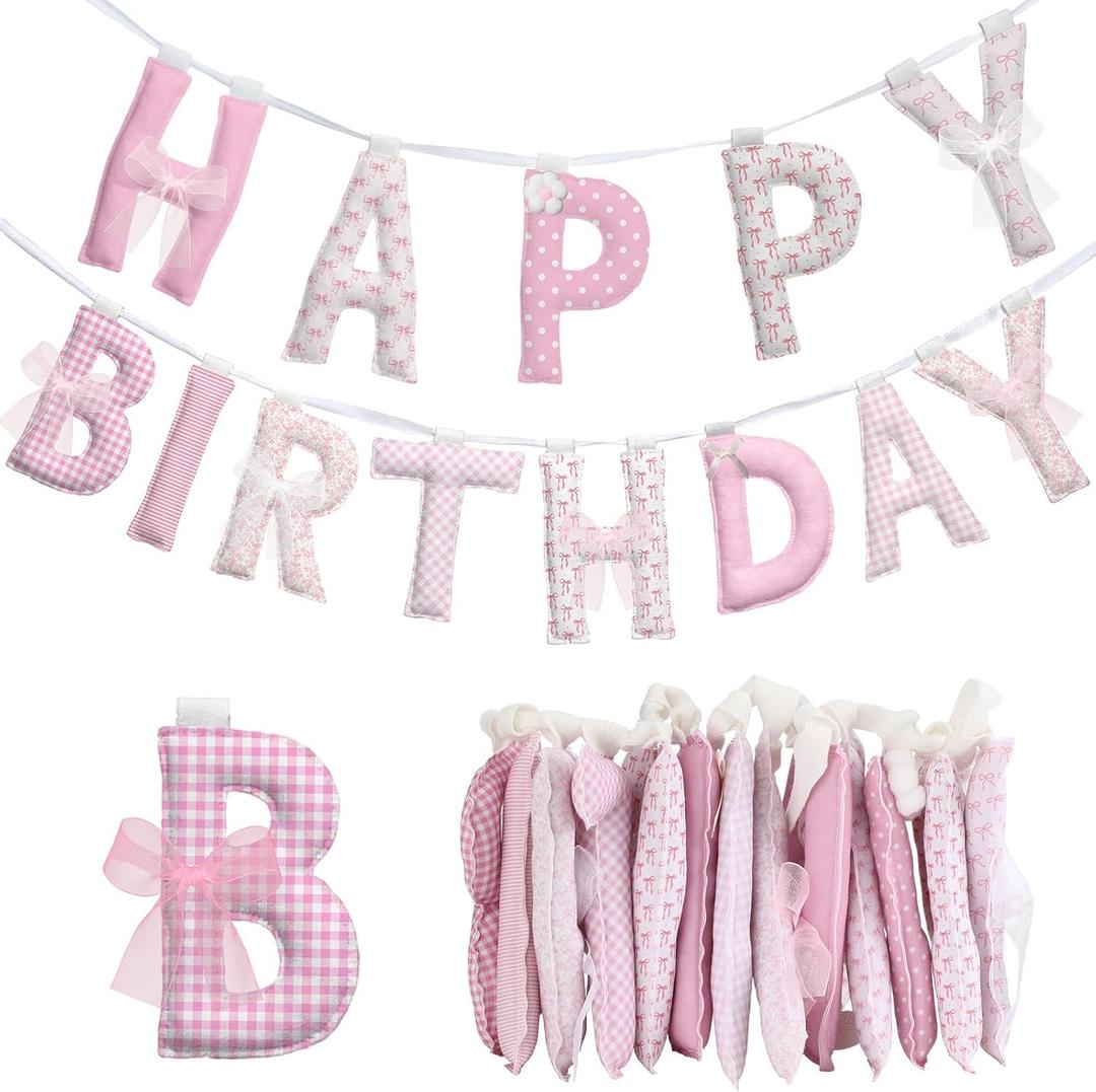 Suncalla Pre-strung Happy Birthday Banner Sign Reusable Felt Happy Birthday Garland Hanging Decorations Party Bunting Garland for Party Decor Photo Pro Home Backdrop(Cute,Pink)