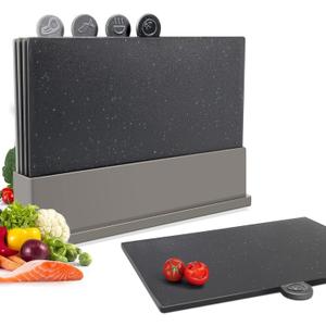 Masthome Index Chopping Board Set, 4-Pieces Plastic Cutting Boards with Food Icons and Storage Stand, BPA Free, Dishwasher Safe, Professional Chopping Board Set for Kitchen, 12.6"L x 8.6"W
