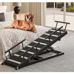 Dog Ramp for Bed, 63" Pet Ramp for Adjustable Hight, Dog Ramps for Large Dogs with Anti-Slip Carpet and Safety Rails, Dog Car Ramp with Wheel for Small, Large, Old Dogs Up to 180 Lbs, Black