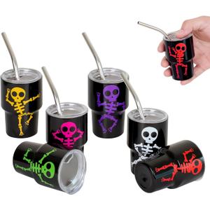 Mini Shot Glasses with Lids and Straws, 3 oz Cute Halloween Style Stainless Steel Insulated Tumbler Cup for Drink Cocktail Bar Beach Party Gift (6 Packs) (Halloween Colorful Skeleton3 oz-6 pcs)