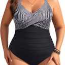 Aqua Eve Plus Size One Piece Swimsuit - Women's Tummy Control Bathing Suit Retro Full Coverage Swimwear 2025 Black Striped, 16W