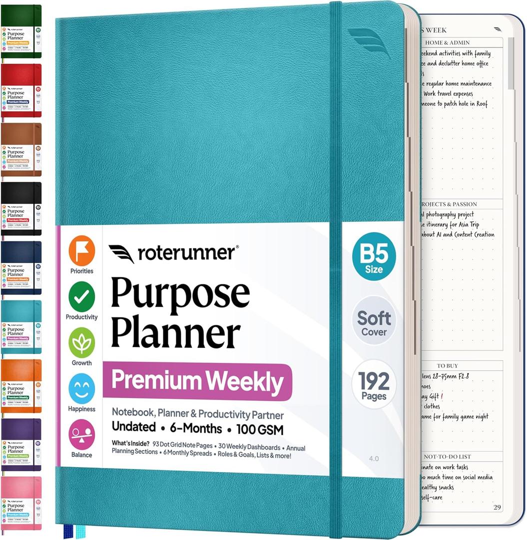 Roterunner Purpose Planner Notebook B5 7.5x9.8 Undated 2026 Daily Weekly and Monthly Productivity Goal Setting Tool for Work Home ADHD Planner for Adults Self Care Journal