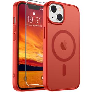 SUPFINE Magnetic for iPhone 14 Case & iPhone 13 Case (Compatible with MagSafe)(Military Grade Drop Protection) Slim Translucent Matte Shockproof Phone Cover,Red