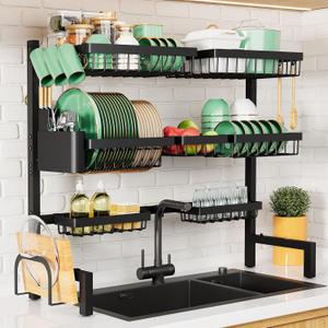 Kitsure Over The Sink Dish Drying Rack - 31.5" to 39.4" x 30.3", Adjustable Sink Drying Rack for Kitchen Sink with Multifunctional Baskets, Black, X-Large
