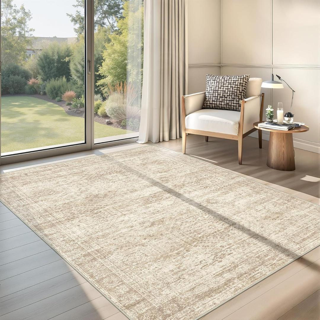 Restydon 3x5 Washable Area Rug for Entryway, Soft Kitchen Rugs Non Slip for Dining Room, Vintage Abstract Living Room Rug, Thin Area Rugs Indoor for Bedroom, Kids Room Decor(3'x5', Beige/Ivory)