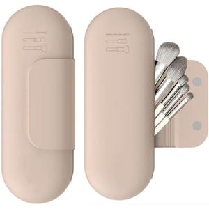 Silicone Makeup Brush Holder Travel Cosmetic Bag,Travel Make up Brush Holder,Anti-Fall Out Magnetic Closure,Essentials for Women (Khaki)