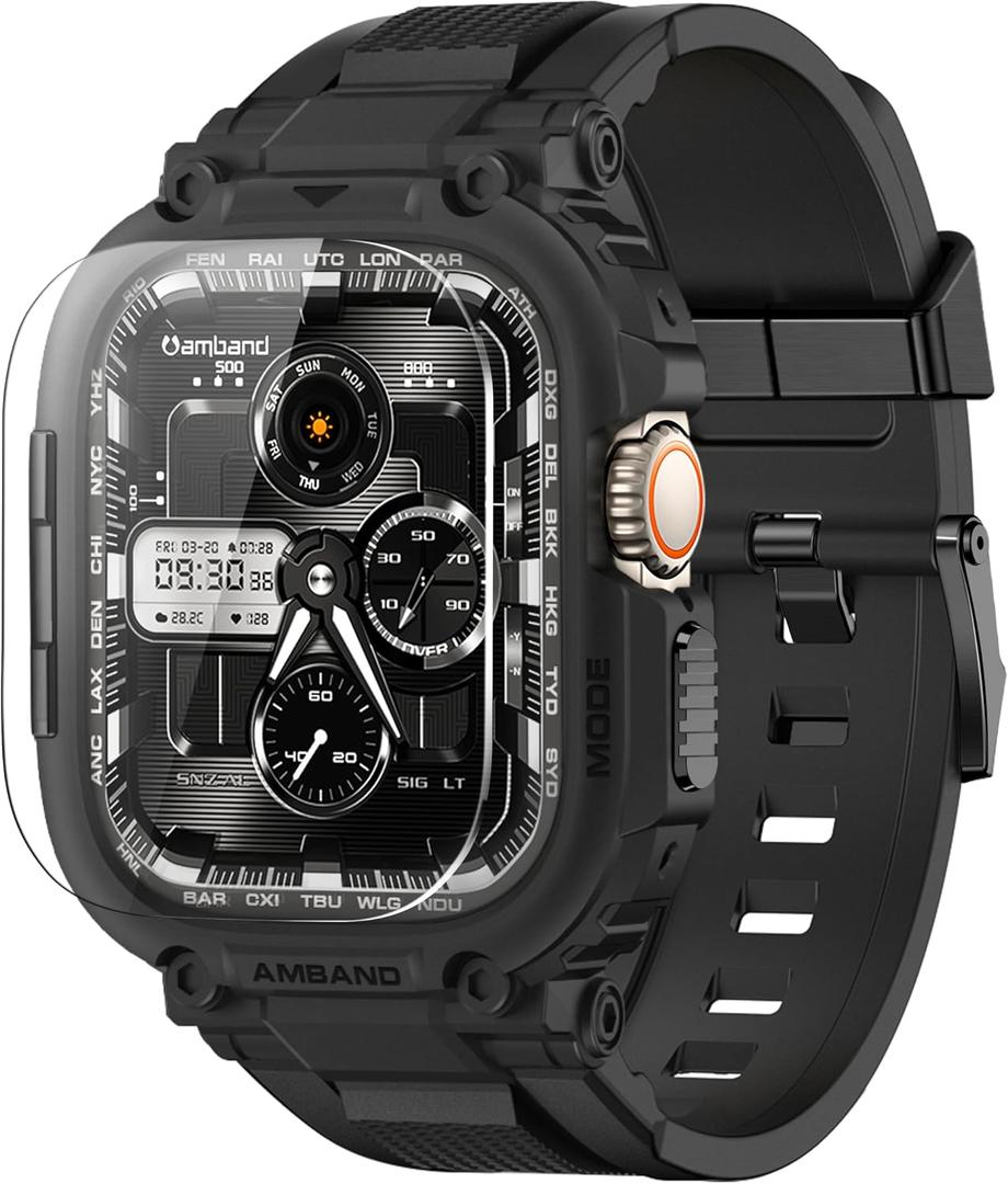 AmBand Bands Case Screen Protector Compatible with Apple Watch Ultra 3/2/1 49mm for Men, M1 Sport Series Rugged Cover Strap and 9H Tempered Glass, Military Protective Bumper for iWatch 49 mm Men Black