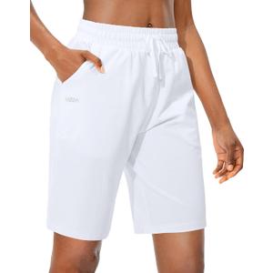 Viodia Women's Bermuda 10" Long Shorts with Pockets Cotton Sweat Shorts Jersey Knee Length Shorts for Summer (White, Small)