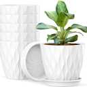 6 Pack 4 Inch Small Plant Pots with Saucers, 3D Textured Plastic Planters with Drainage Holes for Indoor and Outdoor Plants, Flowers, Herbs, Succulents, and Seedlings, White