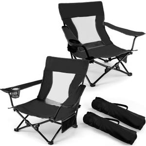 Joyfair Beach Camping Chair (2 Pack), Outdoor Folding Lawn Chair for Adults, Heavy Duty Portable Chair with Armrest for Outside Fishing, Sport, Patio, Cup Holder & Storage Pocket, Carry Bag (Black), 27 inches x 23 inches x 26 inches