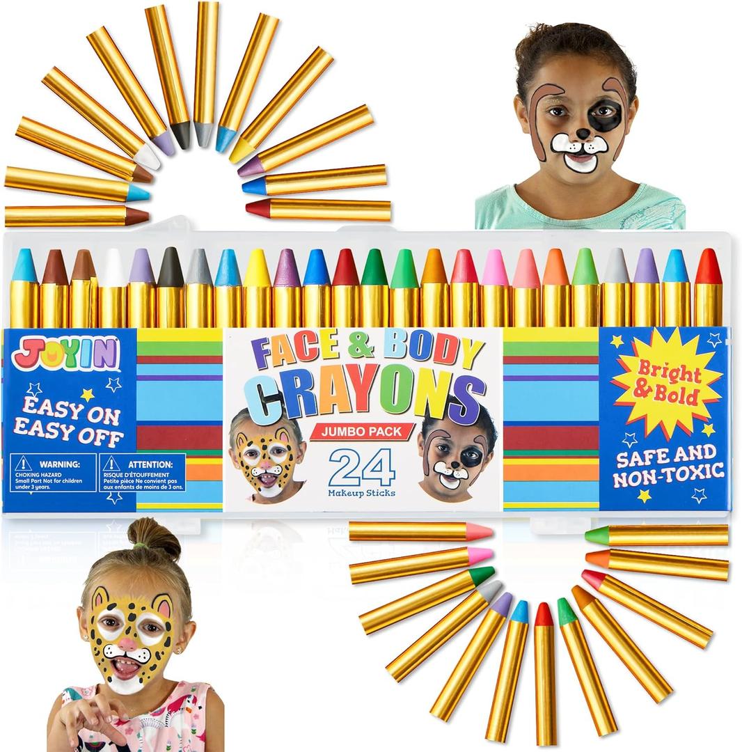 JOYIN 24 Colors Face Paint Safe & Non-Toxic Face and Body Crayons (Large Size 3 inch) Ultimate Party Pack Including 6 Metallic Colors for Birthday Toy Makeup Party Suppiles, Gifts for Kids Girls Boys