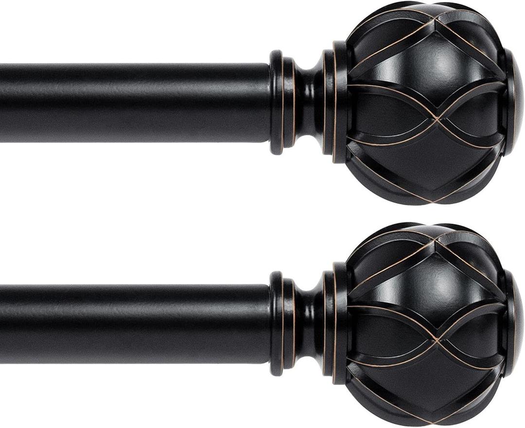 KAMANINA 1 Inch Curtain Rod Telescoping Single Drapery Rod 28 to 48 Inches (2.3-4 Feet), 2 Pack Black Curtain Rods for Windows 16 to 44 Inches, Netted Texture Finials