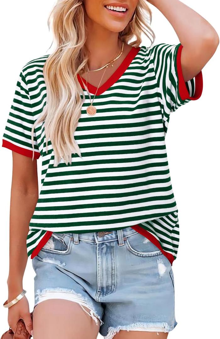 KISSMODA Womens Casual Tops Summer Short Sleeve T Shirt Striped Color Block Pullover Blouses (Medium)