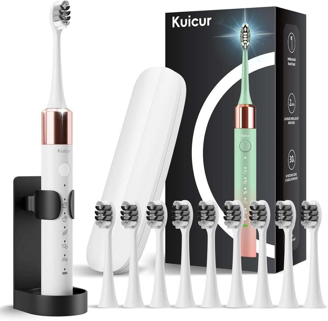 Electric Toothbrush, 10 Brush Heads & Travel Case, 42,000 VPM Electric Motor & USB Charging, 5 Modes with Smart Timer, Ultra Whitening Toothbrush for Adults and Kids