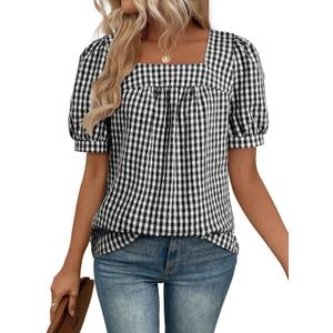 EVALESS Tops for Women Short Sleeve Tunic Blouse Dressy Casual Square Neck Gingham Tops Cotton Blend Plaid Shirt Cute Checkered Puff Sleeve Work Blouses 2026 Summer Vacation Outfits Black Large