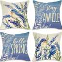 Fahrendom Hello Spring Bluebird Decorative Throw Pillow Covers 18 x 18 Set of 4, Lavender Flower Stay Awhile Porch Patio Outdoor Pillowcase, Blue Floral Seasonal Sofa Couch Cushion Case Home Decor