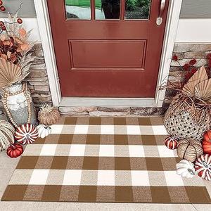 CAINANEL Fall Door Mat Front Door Rug Farmhouse Brown and White Buffalo Check Rug Layered Welcome Door Mat for Front Porch Decor, Front Door, Farmhouse Decor (27.5"x43", Coffee and White)