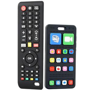 Baby Teether Toy Play Phone and TV Remote Control Shape Teething Toys for Babies 3-24 Months, Chew Toys for Infants Teething Relief, Freezer BPA Free (Black Black)