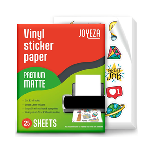 JOYEZA Premium Printable Vinyl Sticker Paper for Inkjet Printer - 25 Sheets Matte White Waterproof, Dries Quickly Vivid Colors, Holds Ink well- Tear Resistant - Inkjet & Laser Printer