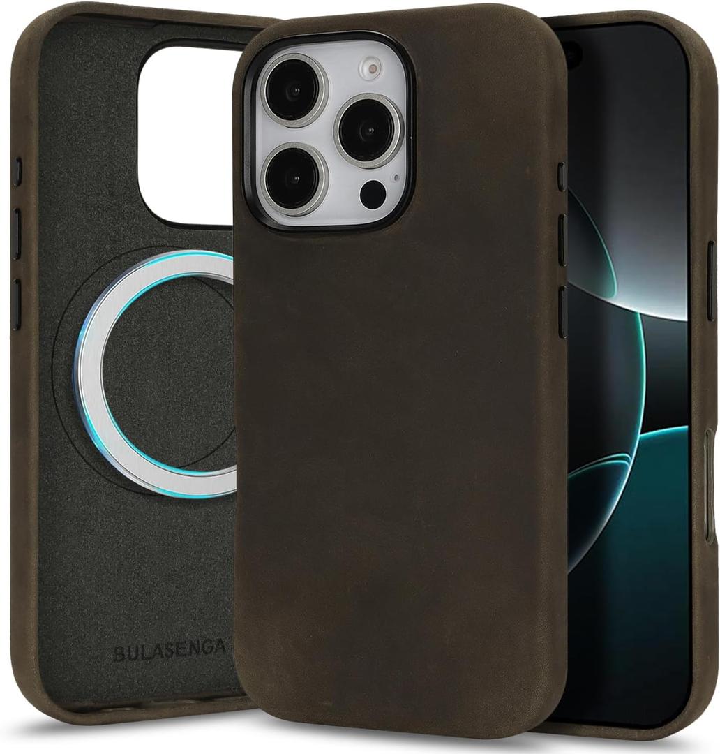 Compatible with iPhone 16 Pro Leather Case,Crazy Horse Genuine Leather,Classic Retro,Magnetic Wireless Charging,Metal Button,Saddle Brown