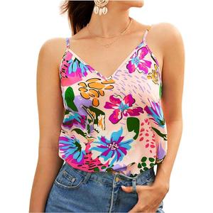MakeMeChic Women's Floral Print V Neck Cami Tops Spaghetti Strap Backless Tank Tops, XXL