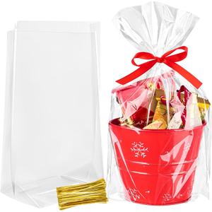 Ohuimrt 100 Pack Cellophane Bags with Bottom Gusset, 8 x 11 x 3 Inch Clear Treat Bags Plastic Goodie Gift Packaging with Ties for Popcorn, Candies, Snacks, Party Favors, Cookies